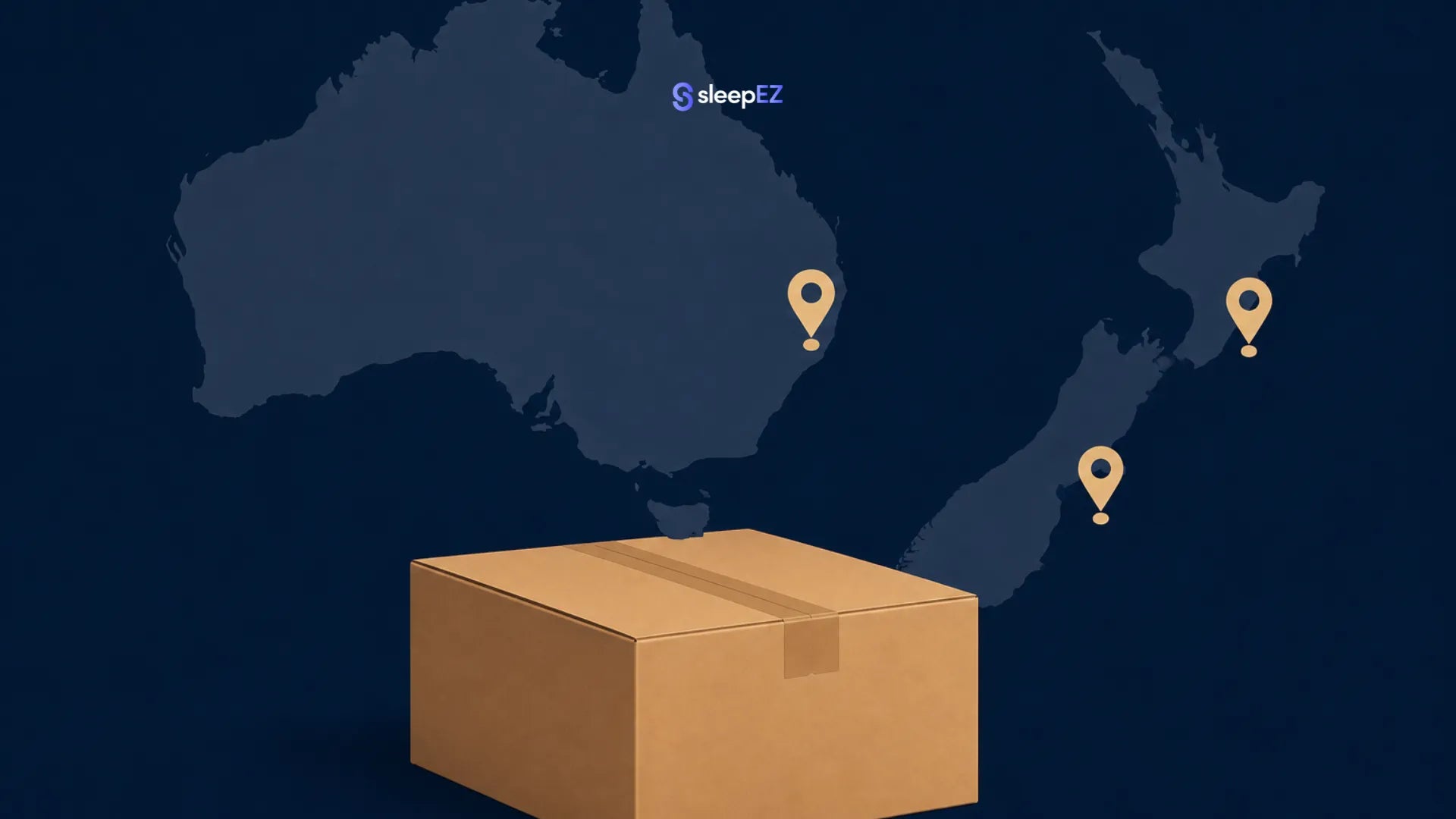 SleepEZ shipping box with Australia and New Zealand delivery map illustration
